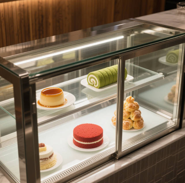 Dessert cabinet with stainless steel brackets
