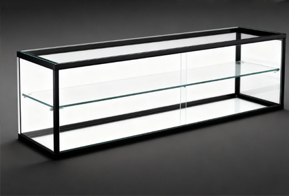 A glass display cabinet with a double-layer black metal frame