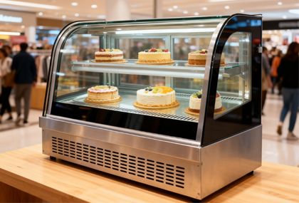 A pastry display cabinet is placed on the tabletop