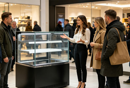 A girl introducing the bread display cabinet