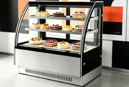 curved floor-standing commercial cake display chiller
